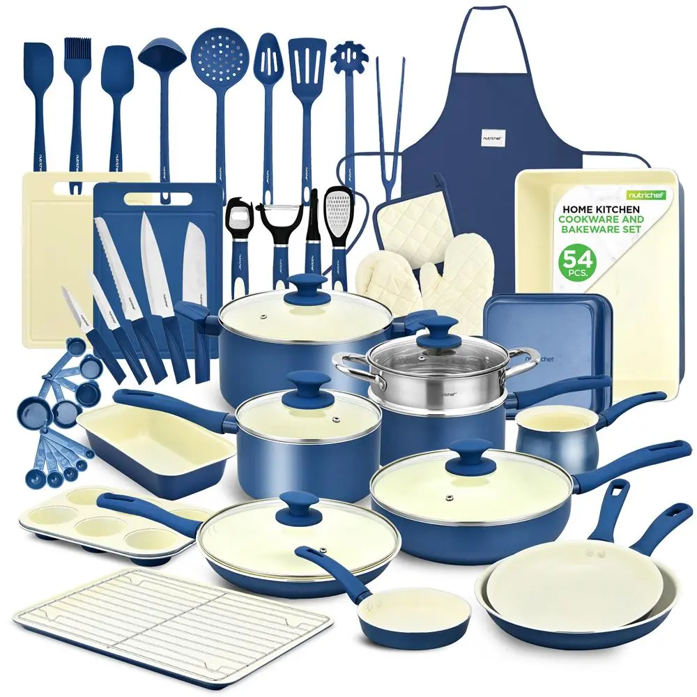 Nutrichef 54-Piece Cookware Set – Blue Gray | Multi-size Kitchen Set Ceramic Non-Stick Pots & Pans with Lids, Utensils, Knife Set & Bakeware – Safe for Gas, Electric & Induction Cooktops