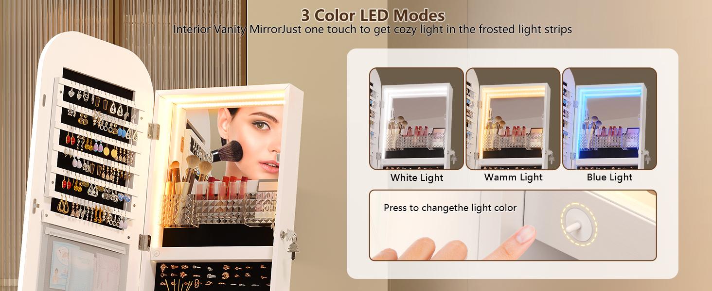 Miuvanity 3-in-1 360 Swivel Jewelry Cabinet with LED Light，Lockable Jewelry Mirror Cabinet，Standing Jewelry Armoire，Frameless Full-Length Mirror，3 Storage Shelves Gift Idea Decor，Mirror with storage