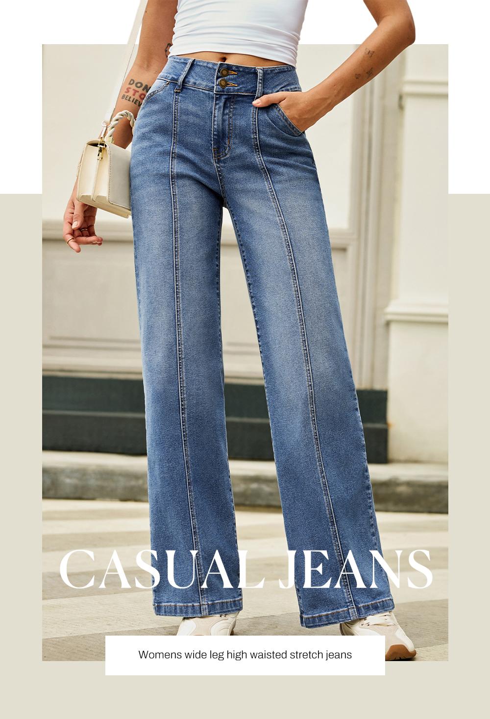 Sidefeel Women's Wide Leg Jeans High Waisted Stretchy Straight Leg Jeans Trendy Seamed Front Loose Denim Pants