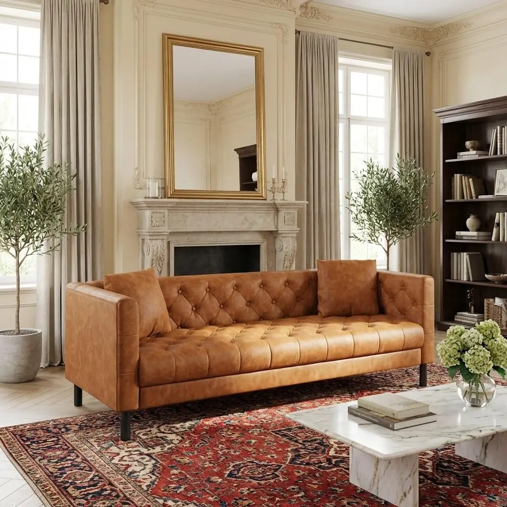 Garvee Mid Century Modern 81 Inch Leather Chesterfield Sofa with Deep 26" Seats, Button Tufted Upholstery, Includes 2 Pillows, Ideal for Living Room, Apartment, or Office in Orange