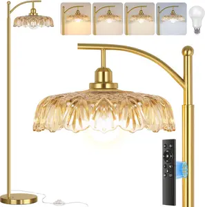 Gold Floor Lamp for Living Room, Dimmable Mid Century Modern Standing Lamp with Remote Control and Amber Glass Shade, 68" Tall Lamp for Bedroom, Vintage Retro Antique Glass Flower Lamp, Brushed Gold