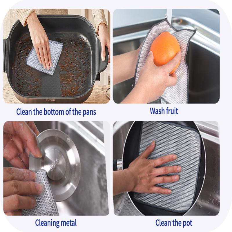 10 Counts Dishwashing Rags 30×30Multipurpose Non-Scratch Wire Dishcloths for Wet and Dry Use, Reusable Wire Cleaning Cloths for Kitchen, Sinks, and Pans Silver Removable, Washable & More Free 5-piece silicone kitchen utensil set (spatula, oil brush, etc.)