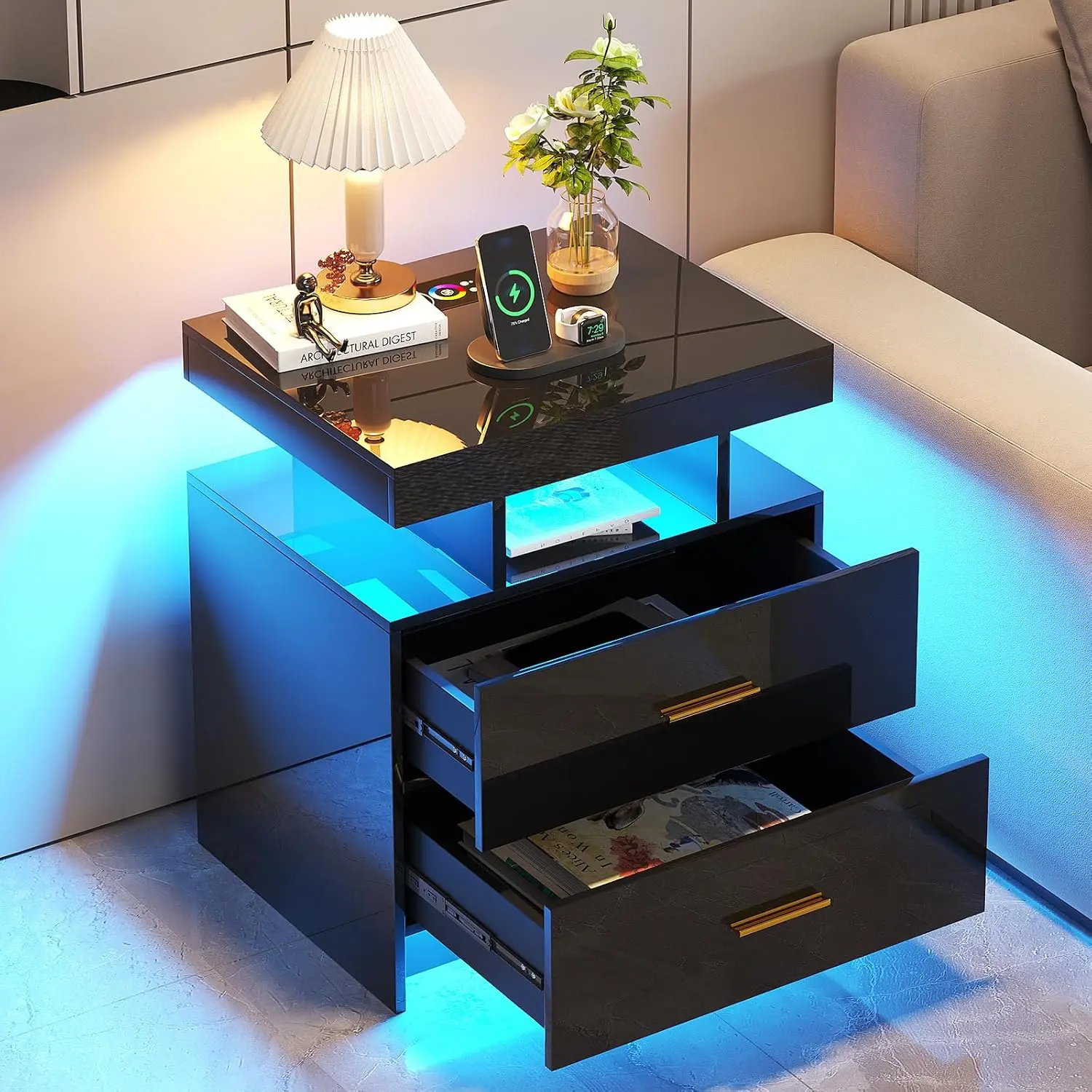 Lvifur LED Rectangular Nightstand with Wireless Charging Station, RGB Motion Sensor Lights, High-Gloss Finish & USB Port - Modern Furniture for Bedroom, Modern Home Decor