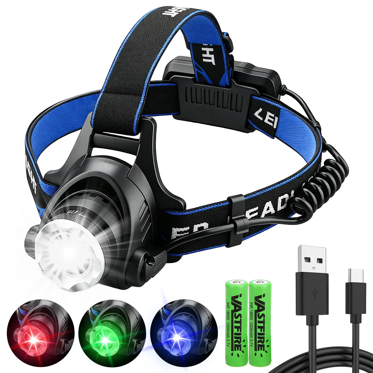 4-in-1 Multi-Color LED Headlamp - White, Red, Green & Blue Light Zoomable Headlight, 90° Tiltable Adjustable Head Lamp Flashlight with Rear Red Warning Light for Night Fishing, Camping