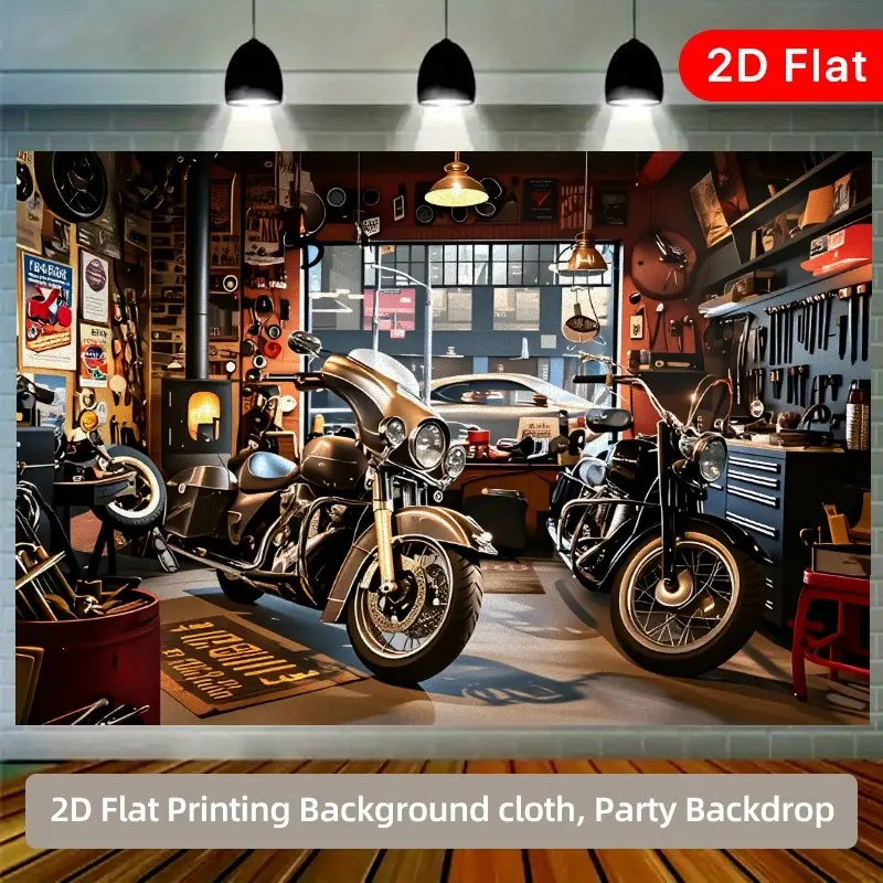 2D flat 1pc retro motorcycle garage background cloth, Backdrop, motorcycle repair shop scene, matched with retro Harley motorcycle, tool wall and decorative wall cloth, suitable for motorcycle theme parties and retro style events, multiple sizes ava