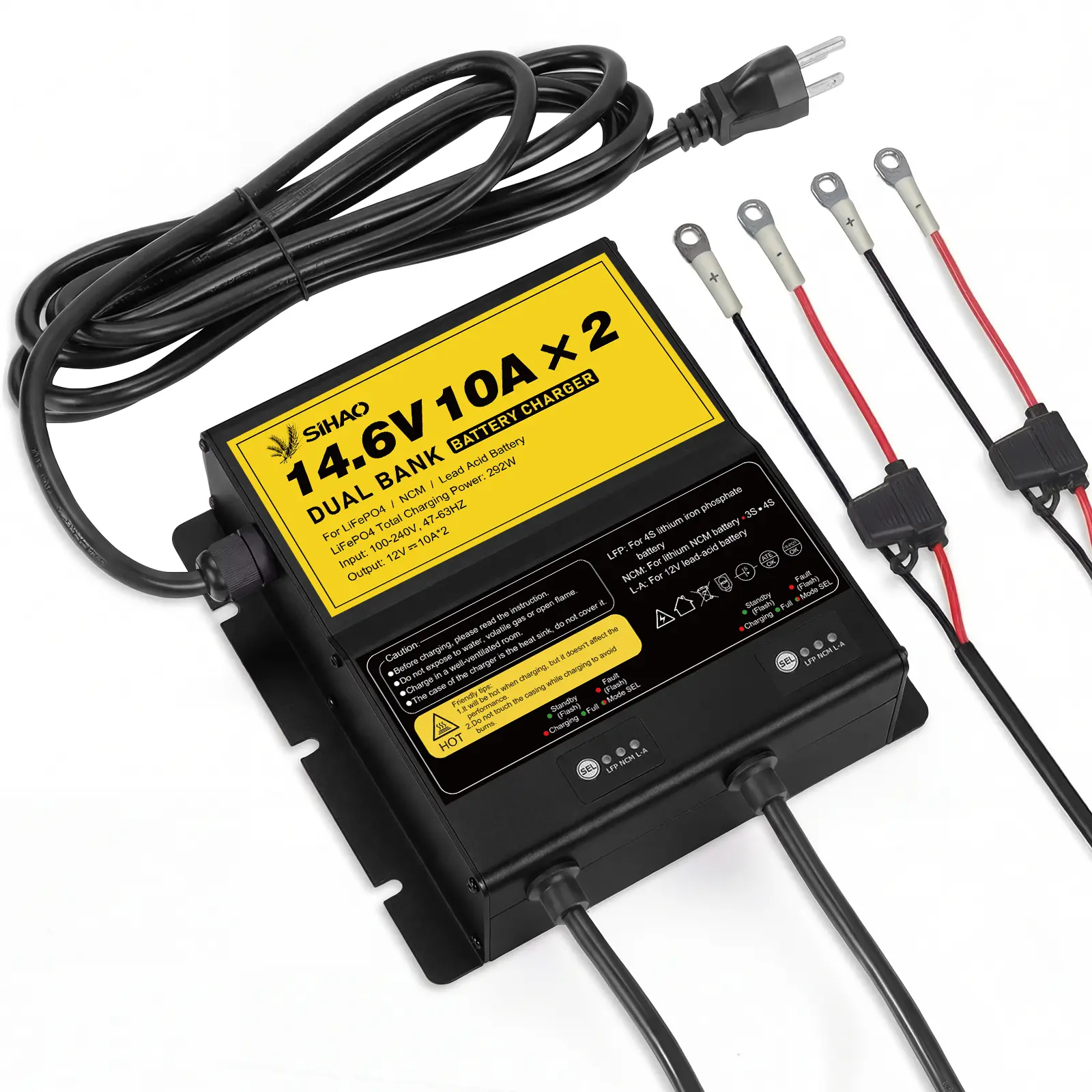 Dual Bank Battery Charger 12V 10A 2 Bank, 14.6V 10A per Channel, Smart Charger for LiFePO4 NCM Lead Acid Batteries, with 3-Stage Charging and Reverse Polarity Protection for RV Trolling Motor Lawn Mower