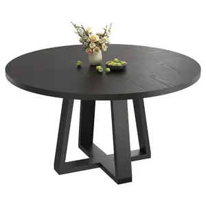 Round Dining Table for 4-6, 47" Circle Dining Room Table with Sturdy Cross Base,Farmhouse Wood Dinner Table for Apartment Kitchen, Black (Table Only)
