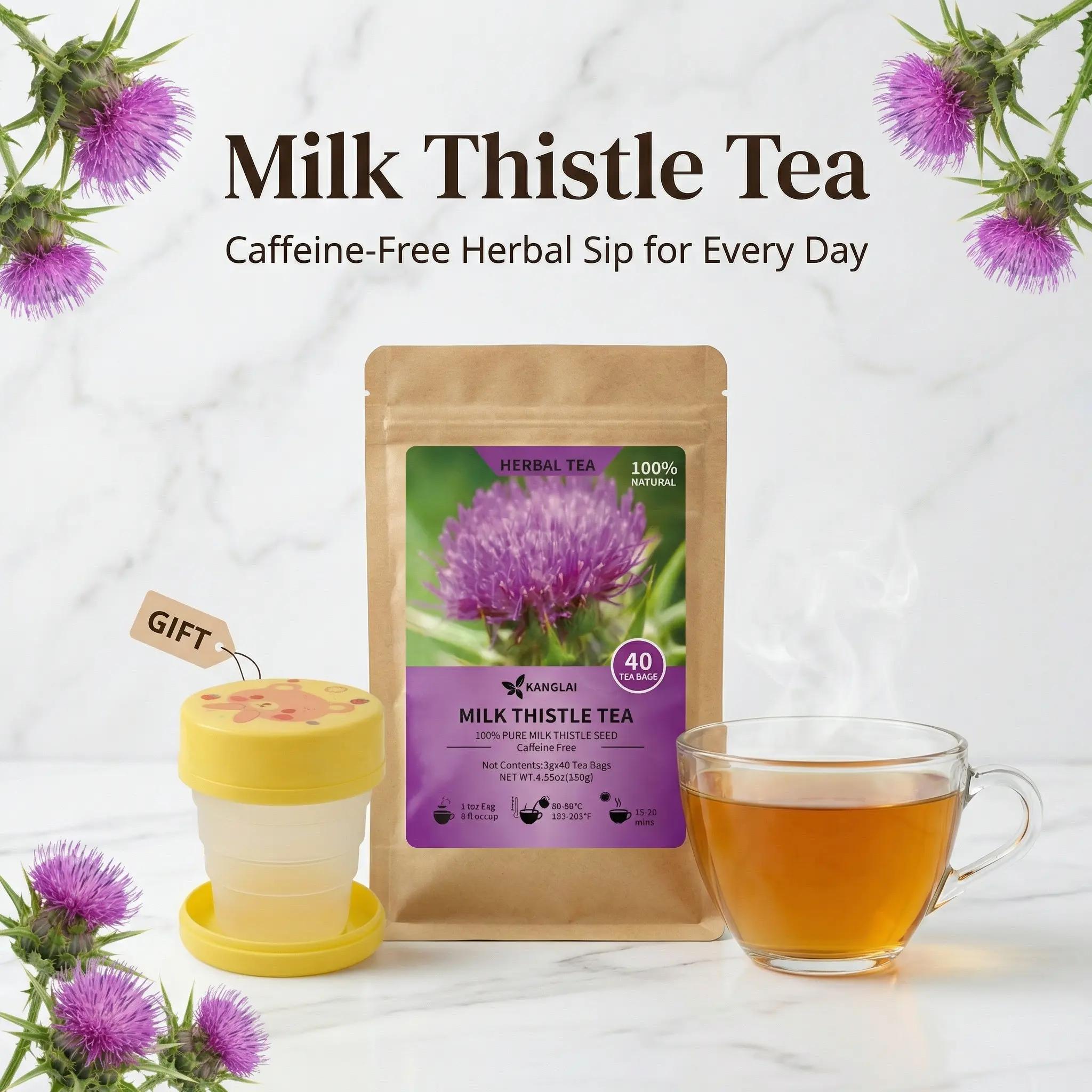 KANGLAI Natural Milk Thistle Seed Herbal Tea Pesticide Free Caffeine Free No Additives Resealable Daily Brew Tea Bags 40 Count Organic