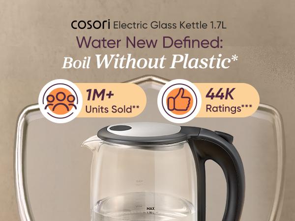 COSORI Electric Glass Kettle, 1.8Qt/1500W, No Plastic Filter & Spout, Auto Shut Off, Black, Hot Water Boiler for Coffee&Tea, College Dorm Essential GK-172/173, valentinesdaygift