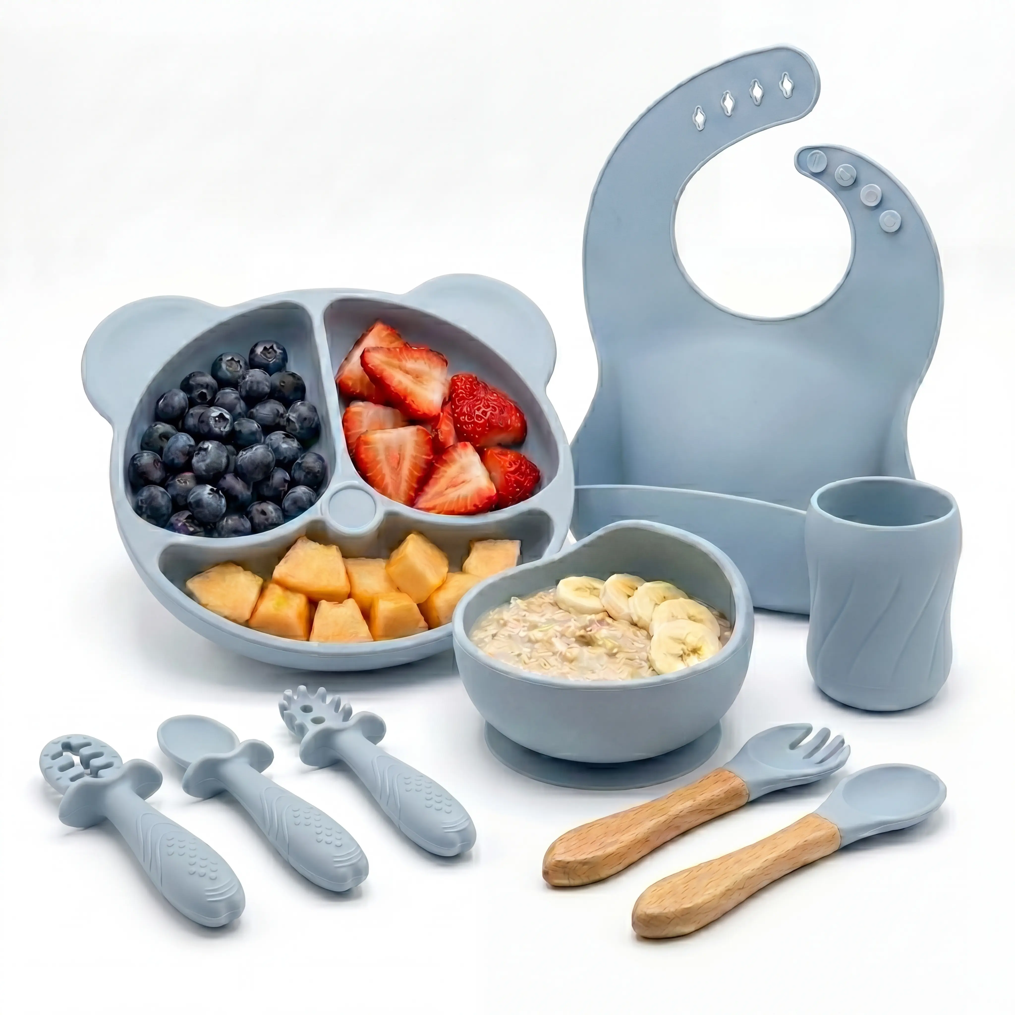 Bear Design Silicone Feeding Set (9PCS), Baby Plate & Snail Bowl & Bib & Training Spoons (3PCS) & Fork Spoon Set & Curvy Straw Cup, Baby Dinnerware Set, #SummerVibes,back to school
