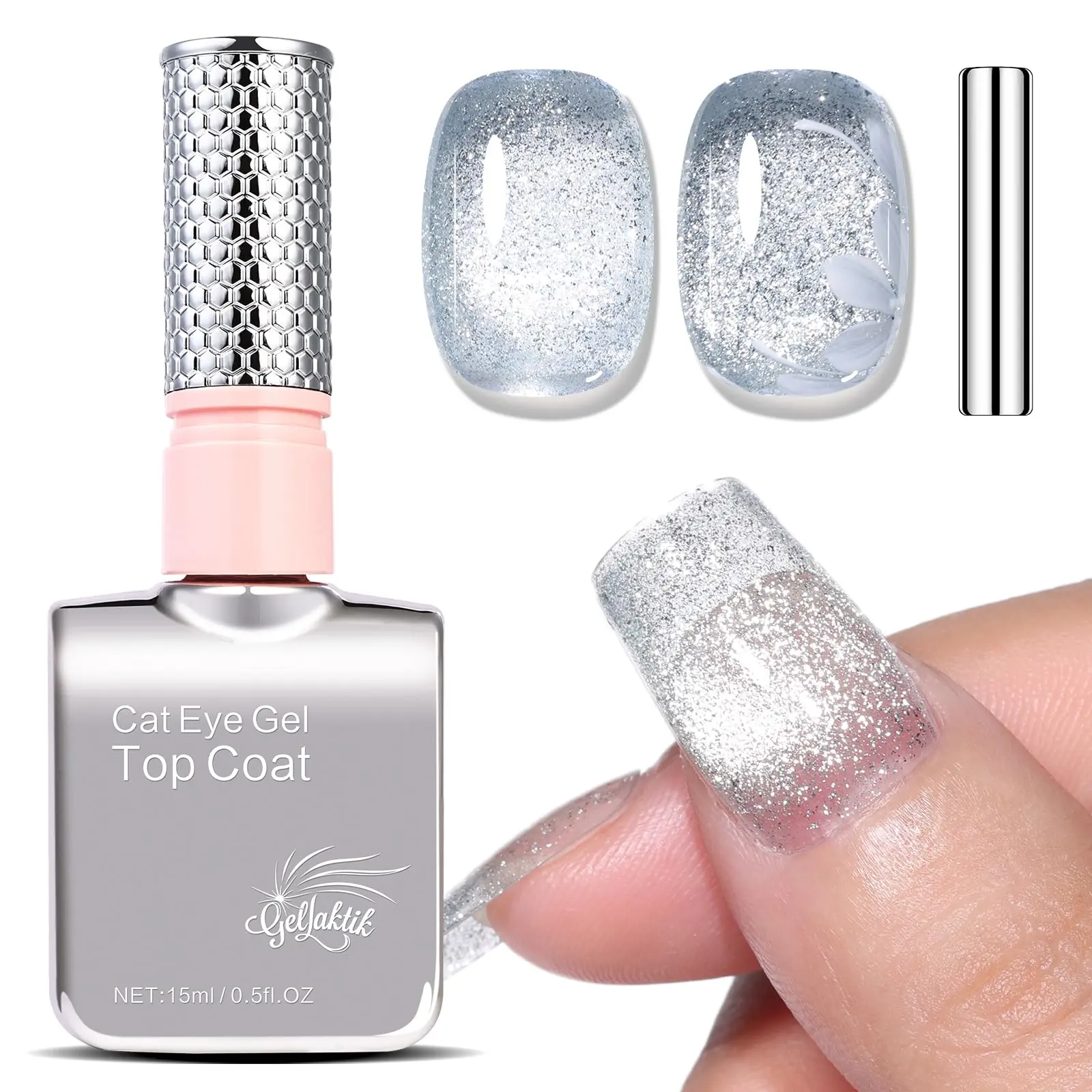 GELLAKTIK 5-in-1 Cat Eye Gel Polish (15ml Golden Amber) - Beauty Nail Care All-in-1 Formula, No Base/Top Coat Needed, Beginner-Friendly, Magnetic with Magnet Stick, Fast Curing, Orange Sparkling Flawless Nails for Home DIY Manicure