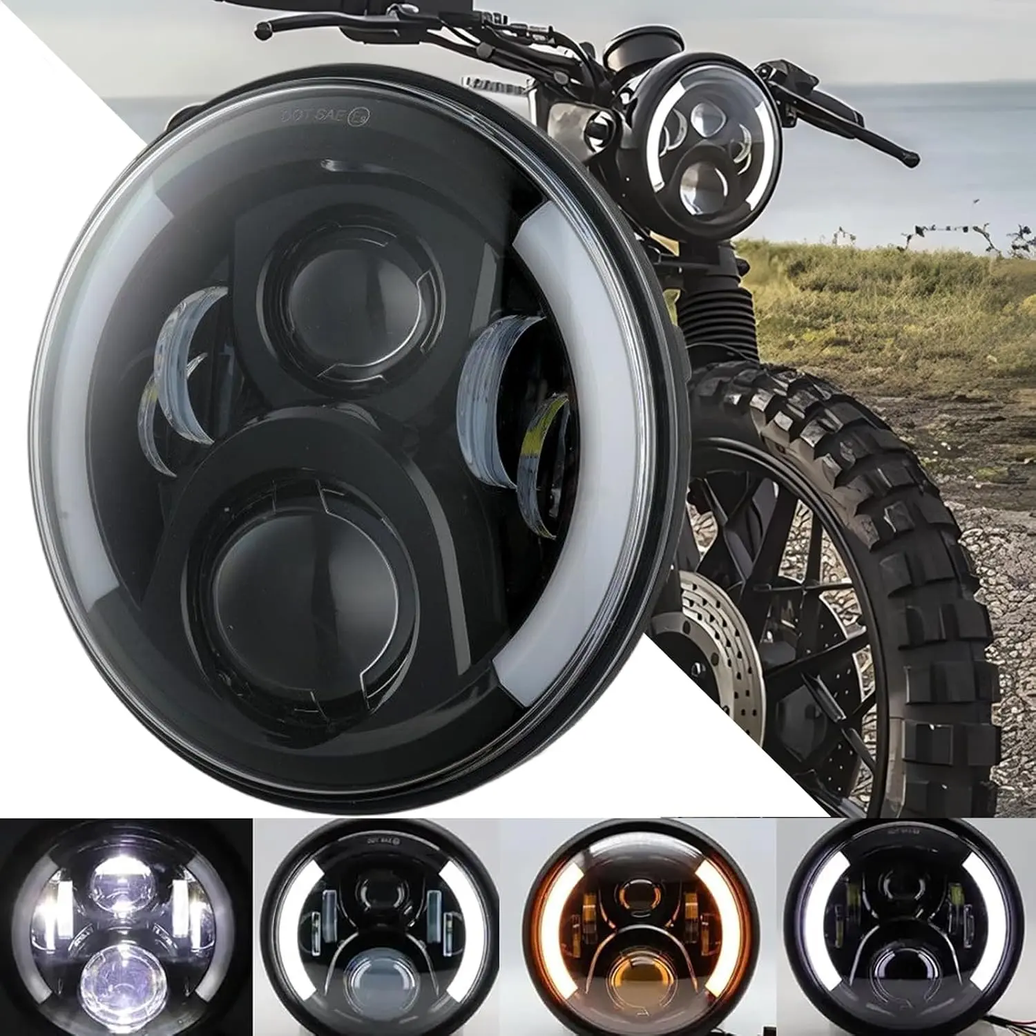DREAMIZER 7 inch LED Motorcycle LED Headlight E-approved with White DRL Angel Eye Amber Indicator Front Headlight Compatible with Harley Road King Street Glide Softail Electra Glide J-eep Wrangler