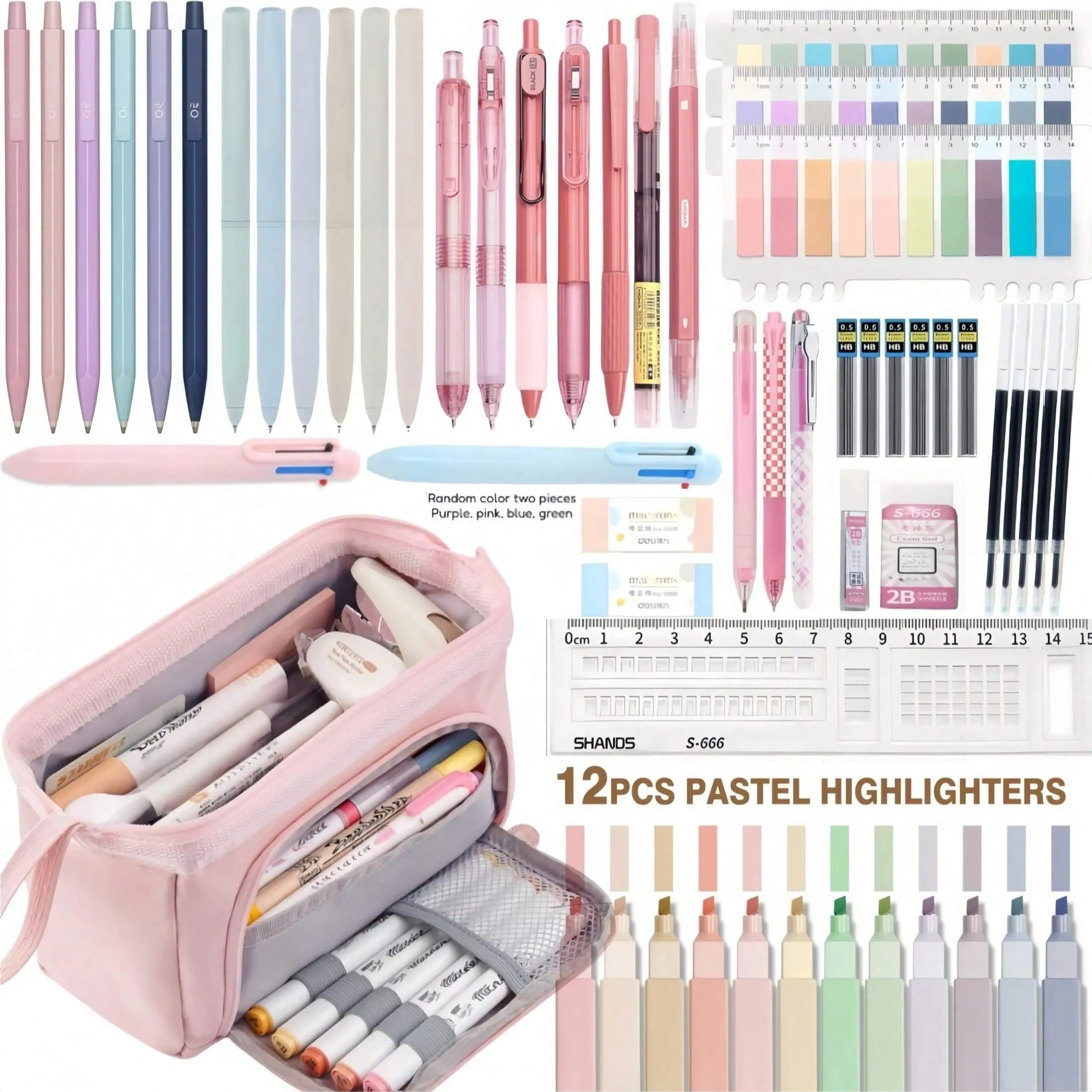 56pcs Aesthetic School Stationery Set, Cute Pencil Case, 12 Pastel Highlighters, 7 Ink Gel Pens and 6 0.5mm Mechanical Pencils, Office & College Study Essentials, Classroom Supplies