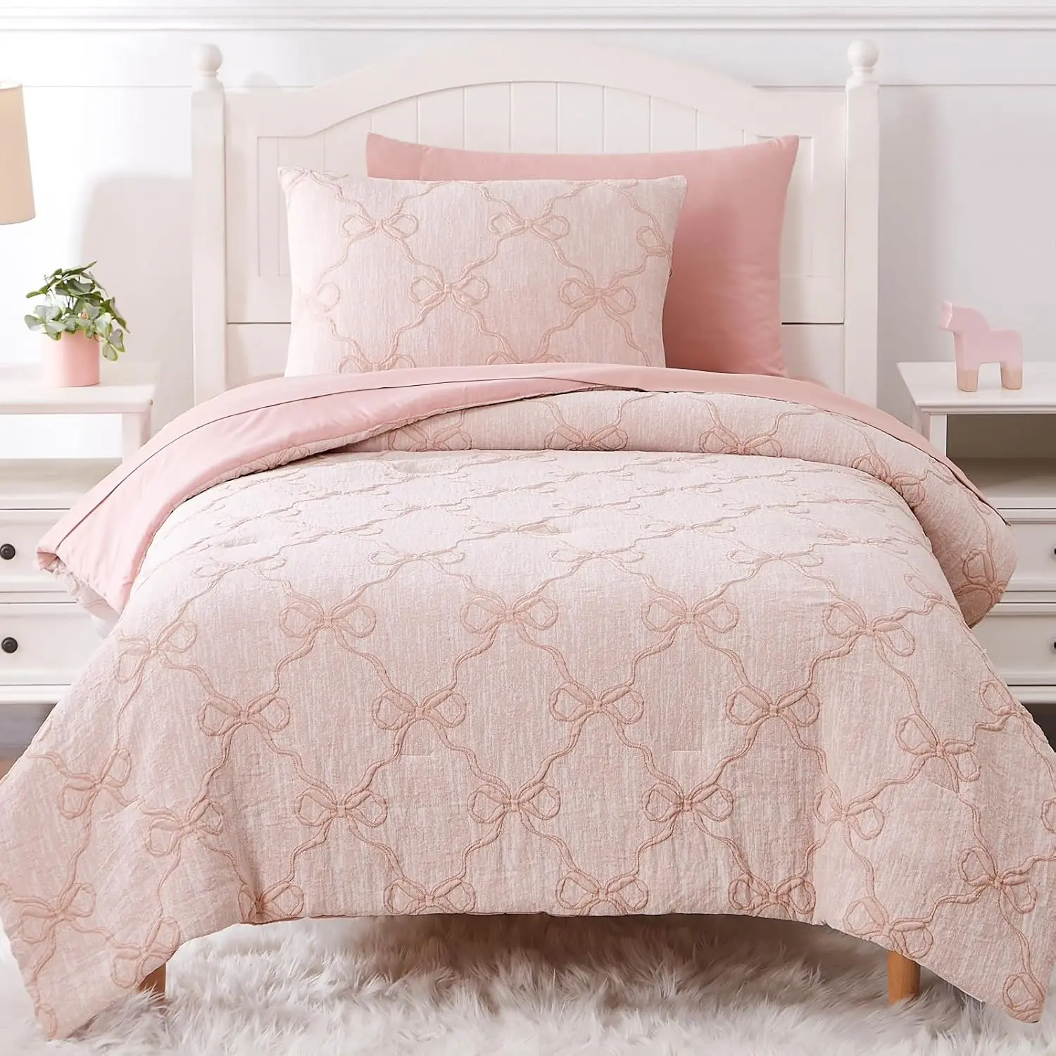 Girls' 5-Piece Twin Bedding Set - Pink Diamond Soft Pink Aesthetic Comforter, Sheets, Pillowcase & Sham for Cozy Bed Setup, Fairy Tale Dream Room (66"x86"), Geometric