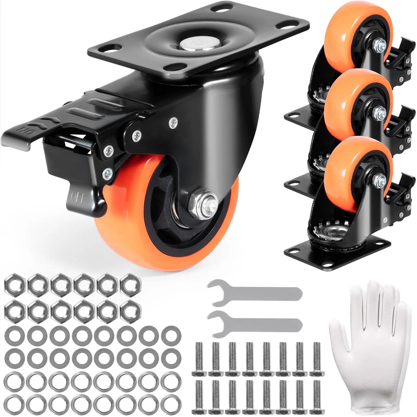 3-inch Swivel Plate Caster Wheels - Set of 4, 250 lbs Load Capacity Per Caster | Heavy-Duty PVC Wheels with A/B Security Locking, Non-Marking & Noiseless for Carts, Furniture & Workbenches