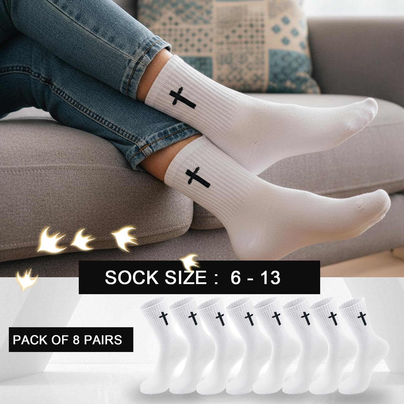 Christian Cross Socks Prayer Stockings 2/4/8 Pairs with Eye-Catching Crosses for Husband Wife Family Birthday Christmas Easter Gift