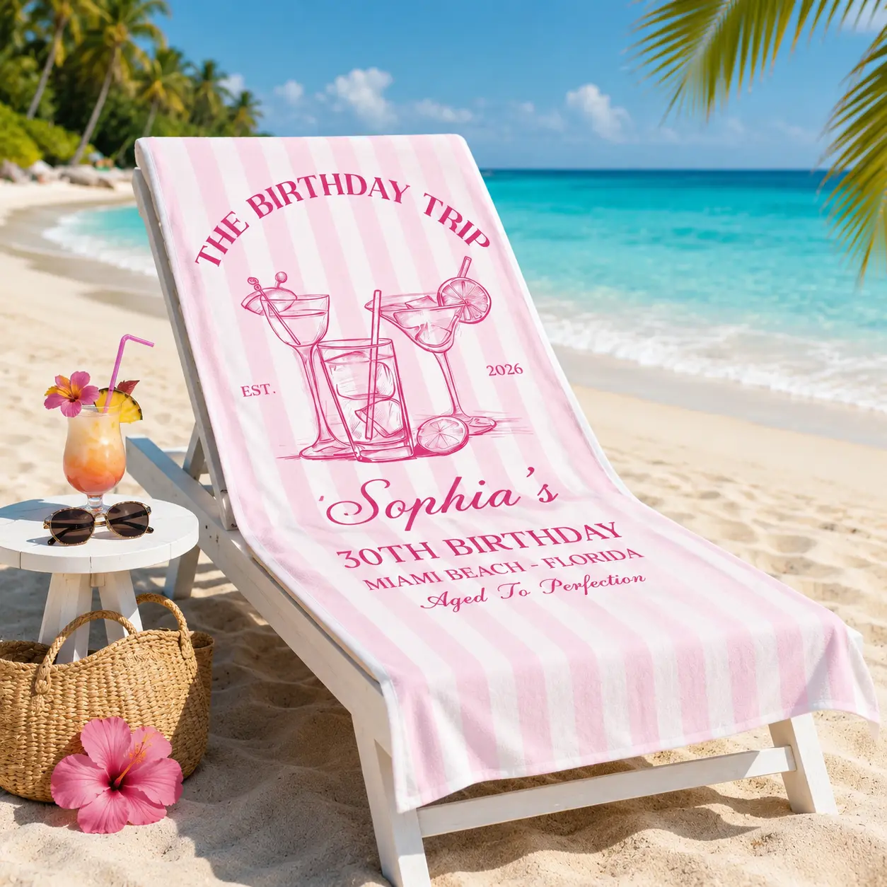Women's Unisex Personalized Pool & Beach Towel - Custom Name, Tropical Art, Multiple Colors, Women Gifts for Birthday, Trip (Home & Bathroom Supplies)