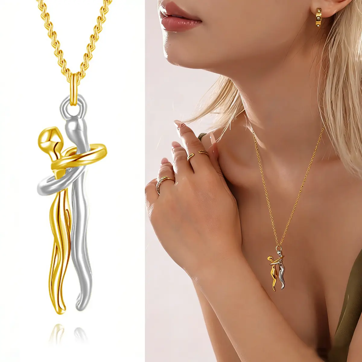 Woodberry Elegant Hugging Couple Pendant Necklace, Unisex Stainless Steel & Brass Jewelry - Exquisite Gift for Anniversary & Valentine's Day, Exquisite Jewelry Gift, Jewelry Accessory
