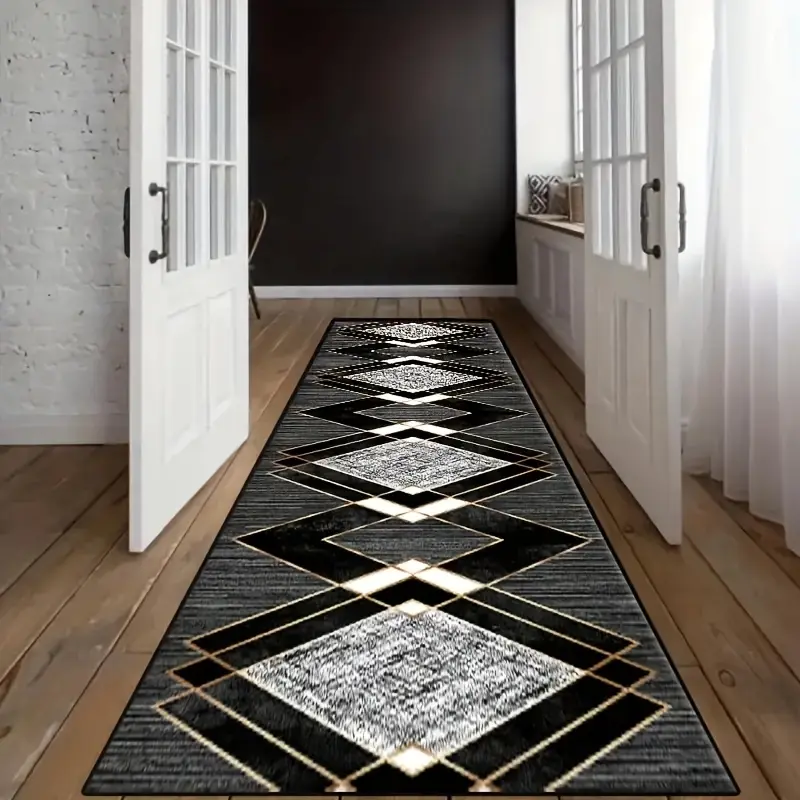 Black Gold Geometric Diamond Runner Rug, Soft Velvet Non Slip Long Hallway Rug, Washable Low Pile Area Carpet, Modern Luxury Indoor Floor Mat for Entryway, Kitchen, Bedroom, Farmhouse Decor