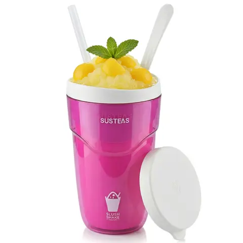 SUSTEAS Plastic Squeezy Frozen Slushy Maker Water Bottle - 240ml Double-Walled Reusable Tumbler, Portable Kitchen Drinkware with Lid, 1.5oz Spoon, Straw, 80% Pour Room, Washable, Easy to Use, Makes Slushies in Minutes, Juice/Soda Ready for Summer Parties
