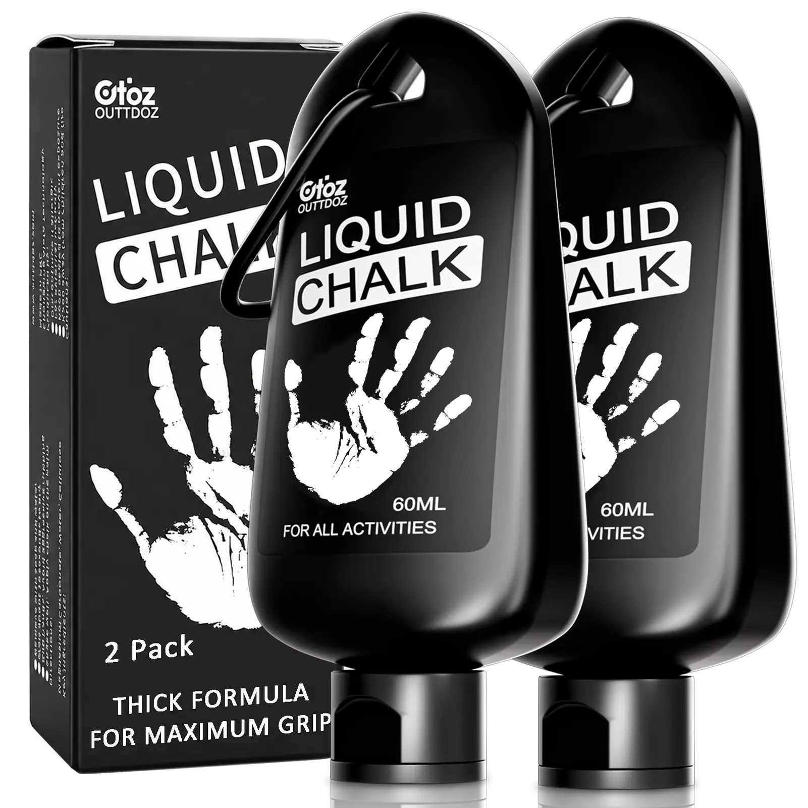 Liquid Chalk 2 Pack, 2 oz Gym Chalk with Carabiner Bottles & Retail Box, Mess-Free Sweat-Resistant Grip for Weightlifting, Gymnastics, Rock Climbing