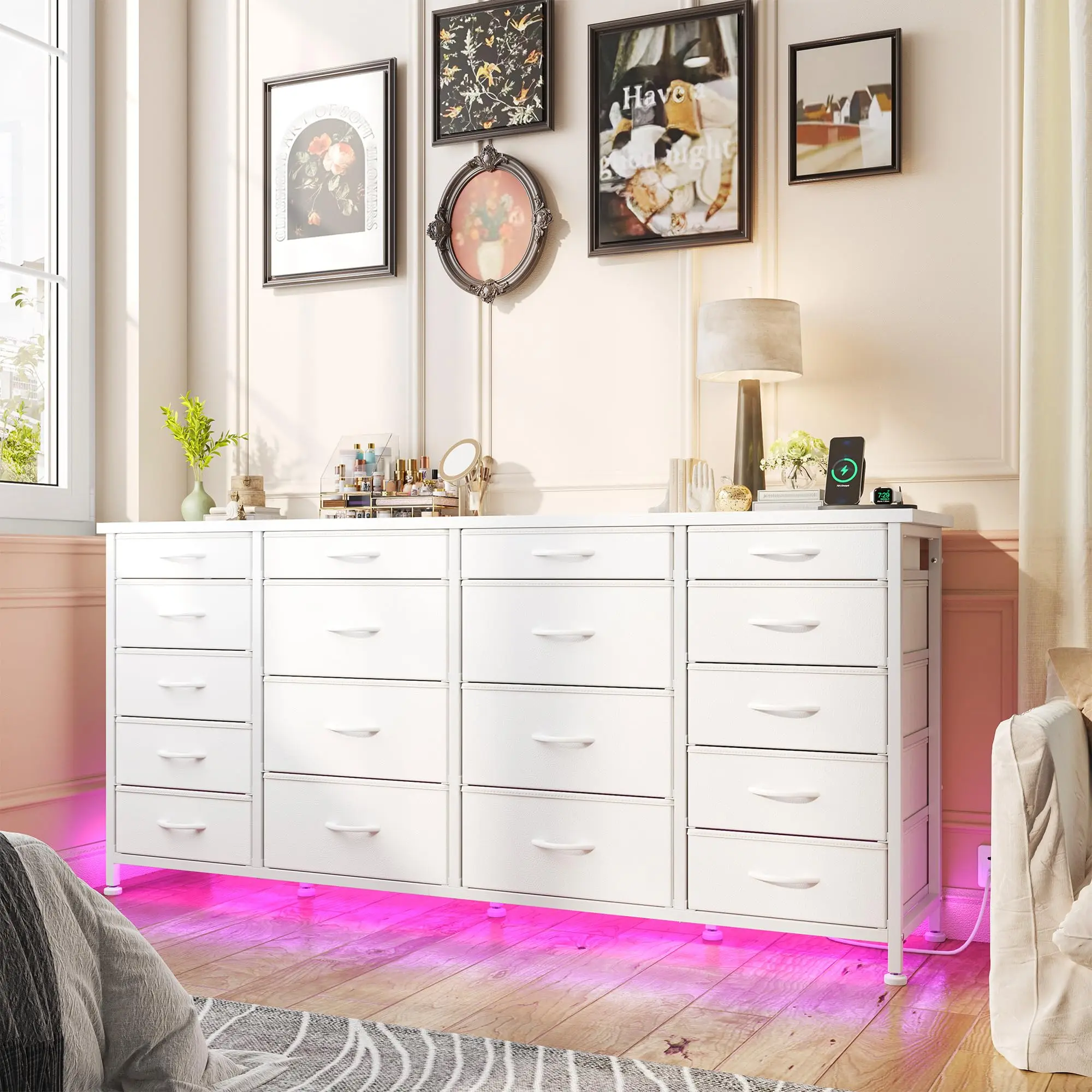 RaybeeFurniture 63" W 18 Drawers Dresser, with LED Lights & Power Outlets, Long Dresser for 65" TV Stand for Bedroom, Large Fabric Dressers & Chests of Drawers for Bedroom, Sturdy Metal Frame