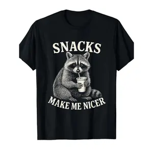 Unisex Funny "Snacks Make Me Nicer" Raccoon Graphic T-Shirt - Sarcastic Animal Tee with Drinking Cup Print - Soft Crewneck Men's/Women's Casual Shirt - Quality Stitching Everyday Gift Idea, Round Neck Tshirt graphic tee men's t shirts