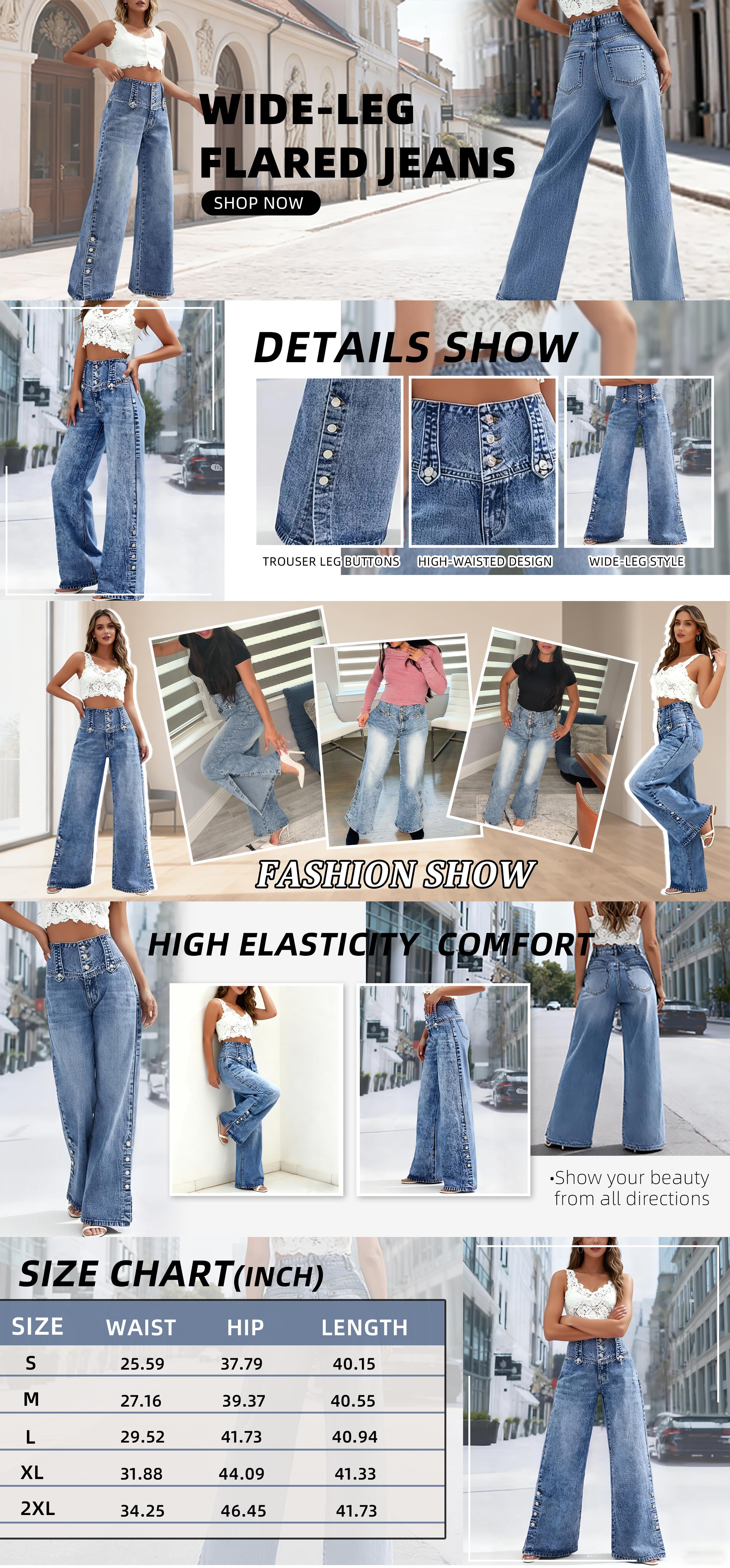 Women's High Waist Jeans Vintage Washed Side Buckle Decorated Wide Leg Pants Comfortable Fit Four Seasons Street Style Denim Trousers Women's Long Pants Size is small
