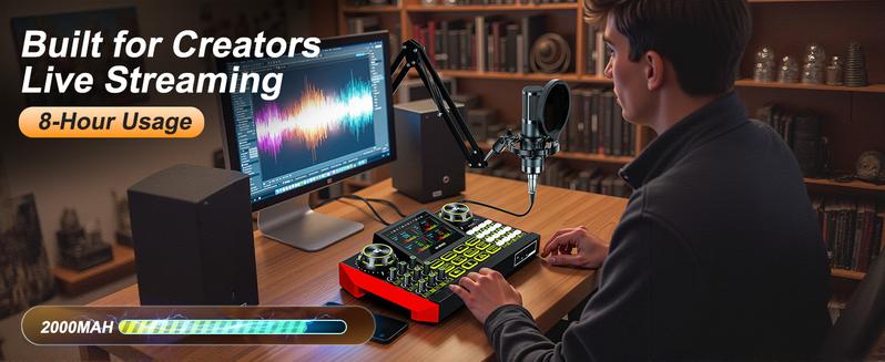 Tenlamp G9 Series Live Streaming Sound Card with Voice Changer, Dual-Level Noise Reduction & Built-in 2000mAh Battery Mixer for Live Streaming, Singing & Video Production (Optional Microphone Kit)