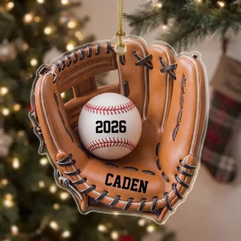 Custom Name Baseball Glove Christmas Ornament, Acrylic Baseball Mitt Holiday Tree Decoration