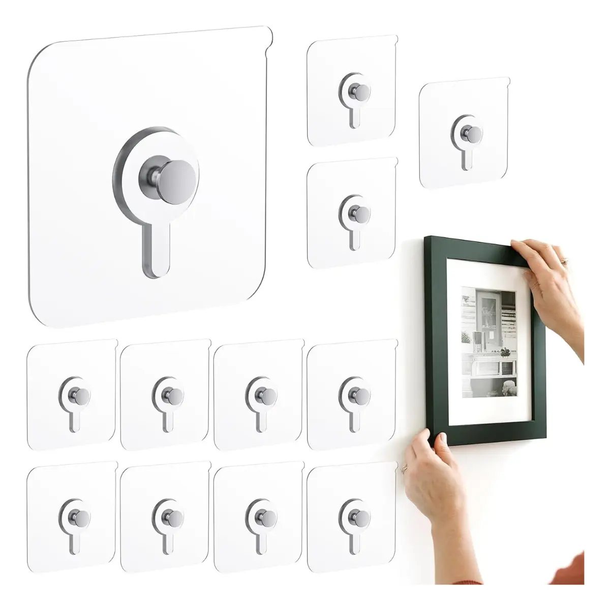 1. 12PCS Adhesive Picture Hangers – No Nails Wall Hooks, 20lb Heavy Duty Transparent Hooks for Frames