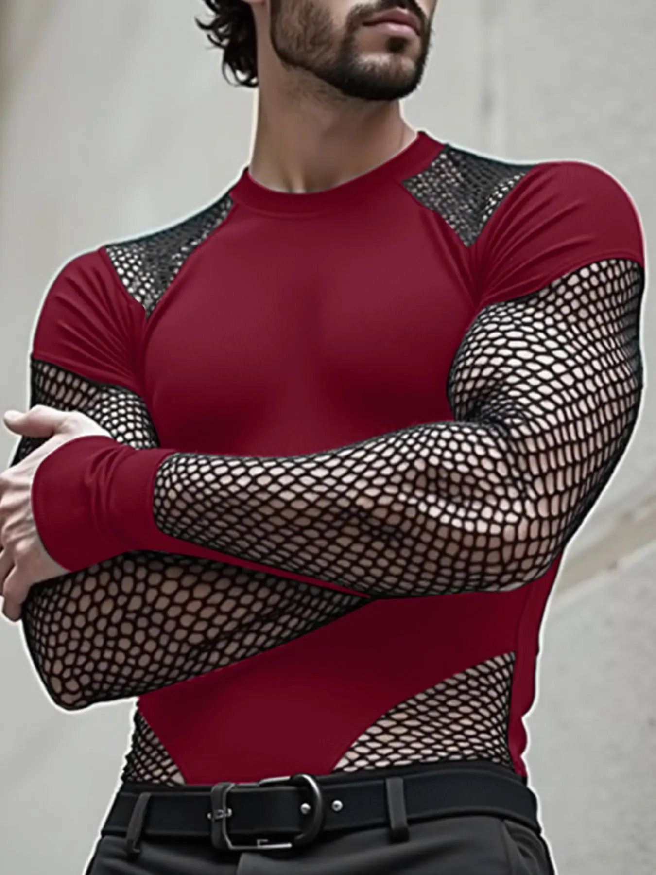 Men's Fashion Bodysuit, Sexy Long Sleeve Fishnet Design Bodysuit, All Seasons Wear, Menswear