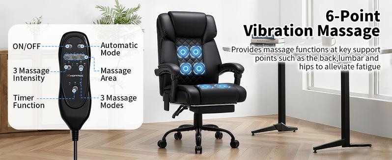 HOFFREE 400lbs Massage Office Chair with Foot Rest 6 Points Vibration Ergonomic Executive Office Chair Reclining High Back Computer Desk Chairs Black