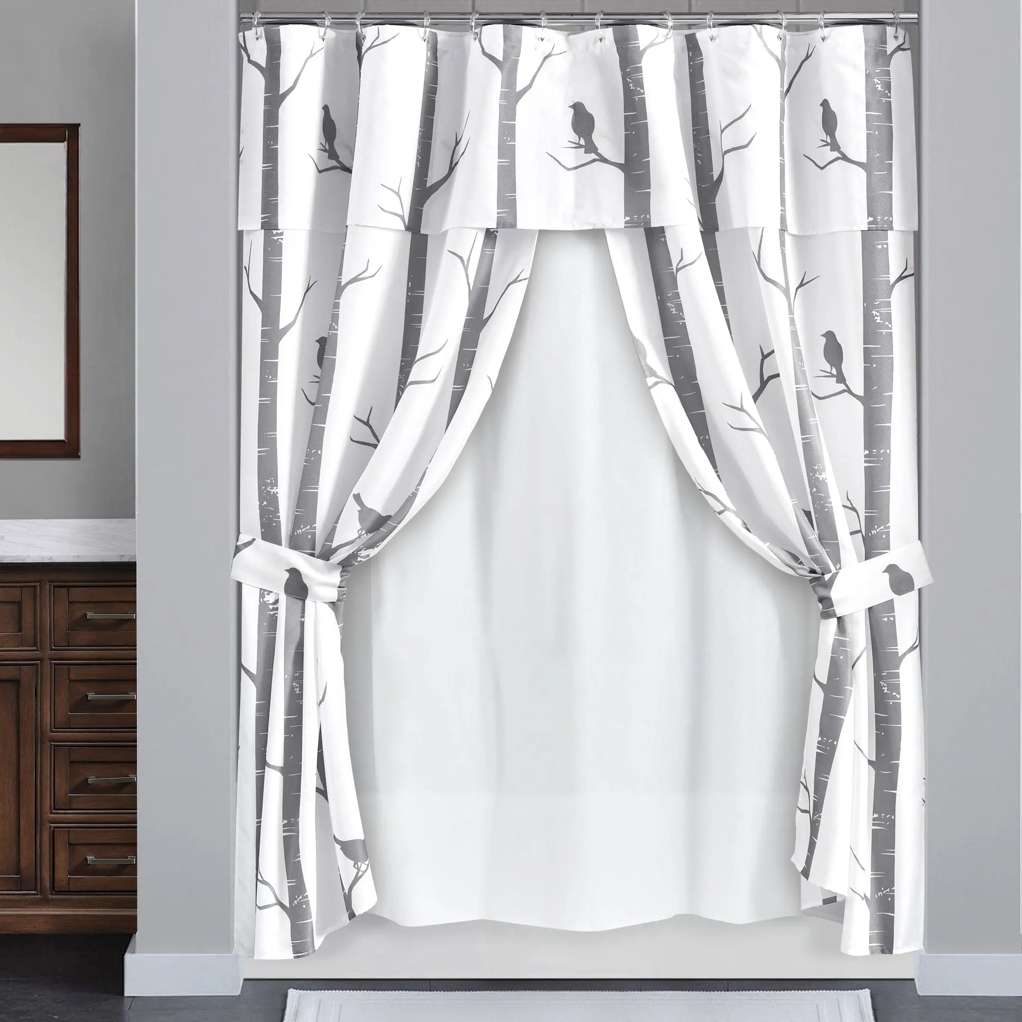 Lush Decor Retro Bird Art Nature-Themed 16-Piece Complete Waterproof Aesthetic Decorative Bathroom Double Swag Shower Curtain Set