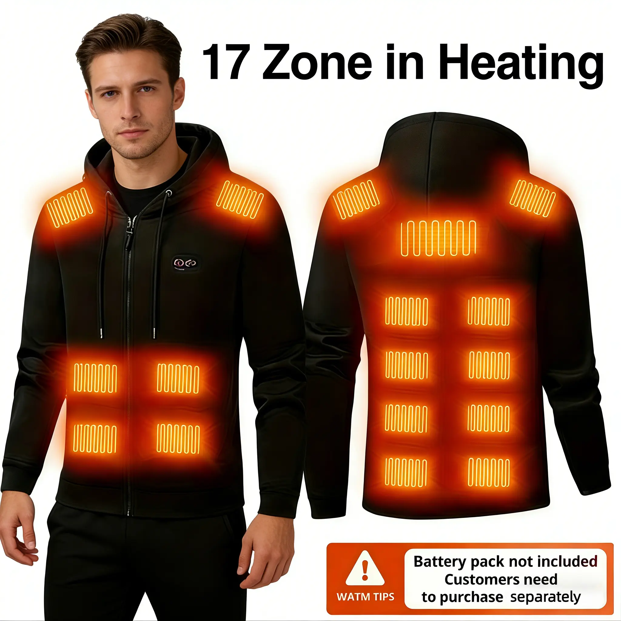 Unisex Rechargeable Heated Hooded Longsleeves Sweatshirt Jacket - 17 Heating Zones, 3 Temperature Levels, USB-Powered with USB Port, Multi-Size Winter Outdoor Sport Outerwear for Cold Days