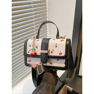 Cherry Print Satchel Handbag with Cherry Pendant Charm, Elegant Women's Purse for Parties & Daily Use, Perfect for Office & Casual, Fashionable Handbag