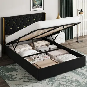 Storage Bed Queen with Upholstered Wingback Headboard, Modern Queen Size Hydraulic Bed Frame with Strong Wood Slats Support, No Box Spring Needed, Easy Assembly, Black