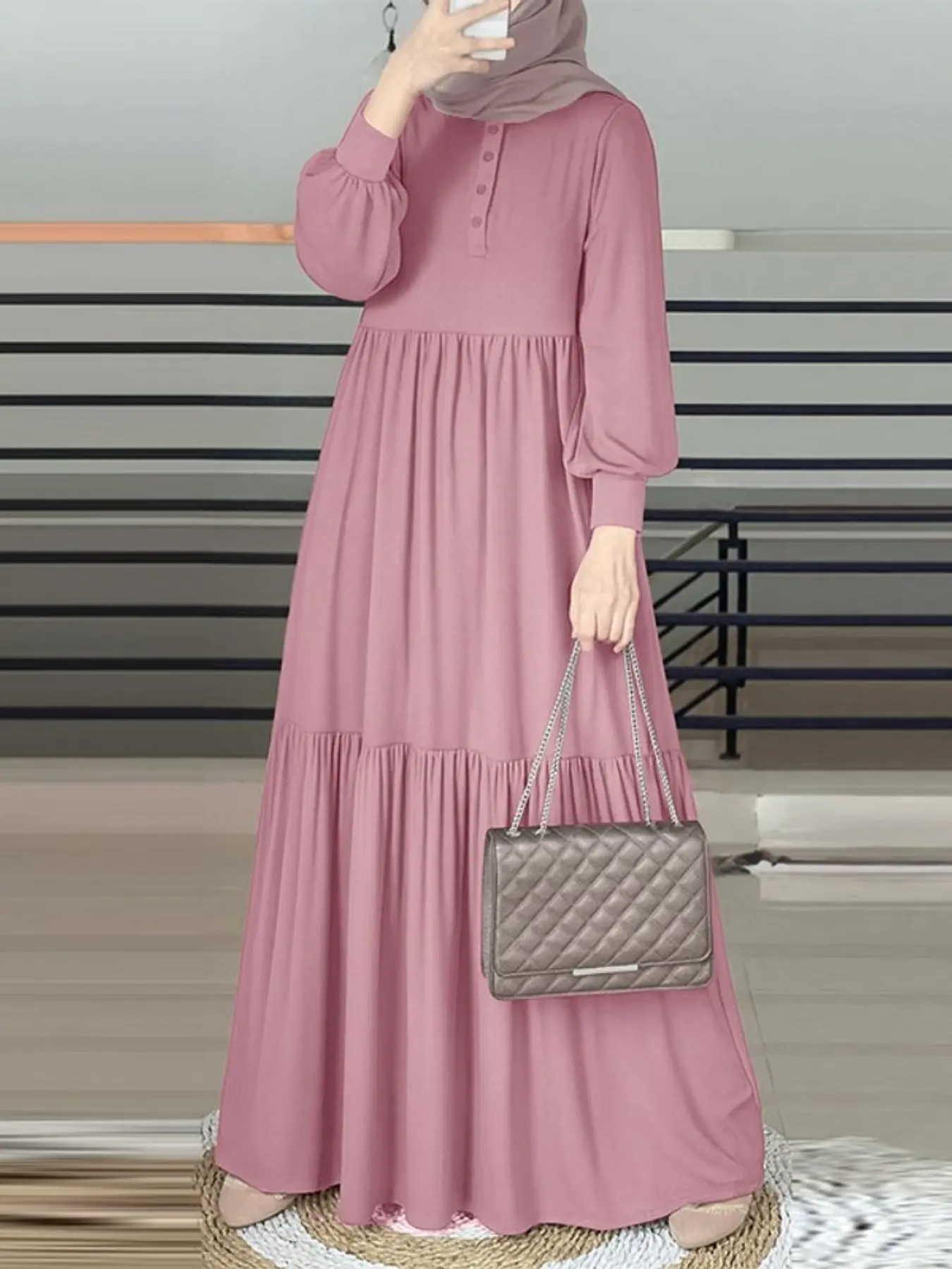 Women's Round Neck Long Sleeve Ruffle Hem Loose Casual Maxi Dress, Comfortable and Stylish, Perfect for Everyday Wear, Modest Style Dress, Modest Clothes