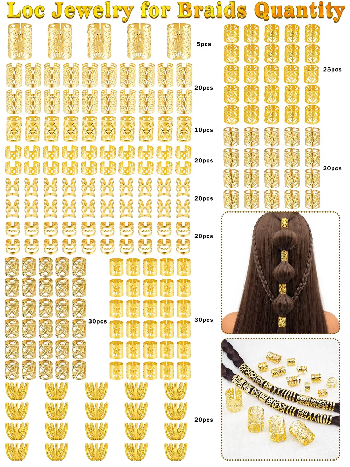 220pcs Metal Hair Braiding Rings & Cuffs Set, Hip-Hop Punk Style bold and distinctive Hollow-Out Dreadlock Beads, DIY Braid Jewelry Accessories