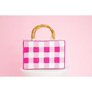 Hand Beaded Gingham Bag with Bamboo Handle | Pink & White Summer Purse | Artisan Made Statement Handbag | Max & Margaux Exclusive