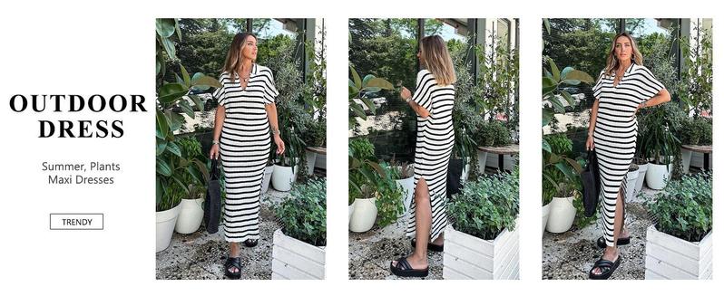 Imily Bela Womens Striped Summer Dresses Short Sleeve V Neck Knit Collared Sexy Slit Loose Maxi Sweater Dress
