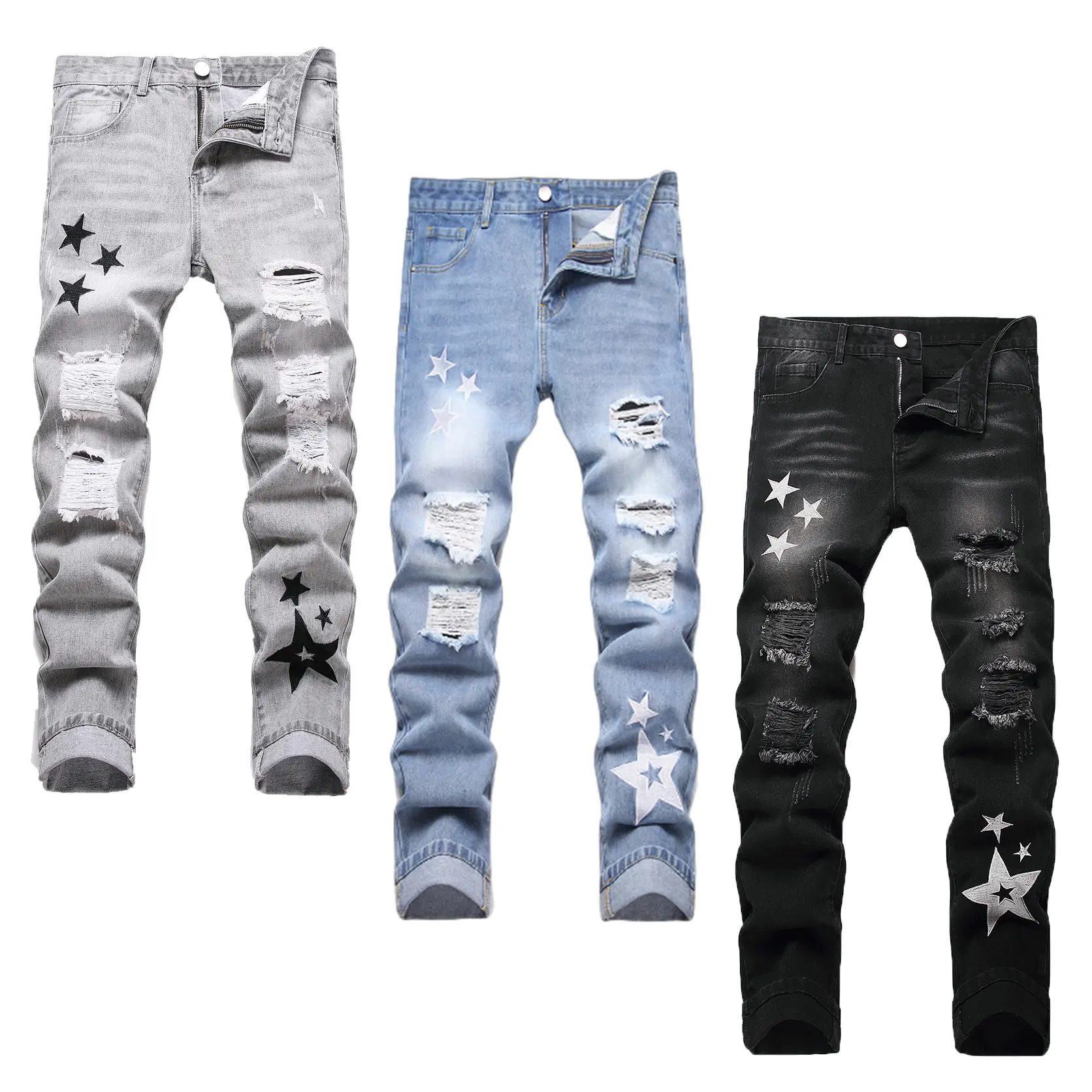 Men's Slim Fit Denim Graphic Pants - Christmas Gifts, Casual Street Style Ripped, Comfy Trousers, Hip-Hop Design, 3-Color Options, Sizes 28-38, Suitable for Everyday Wear