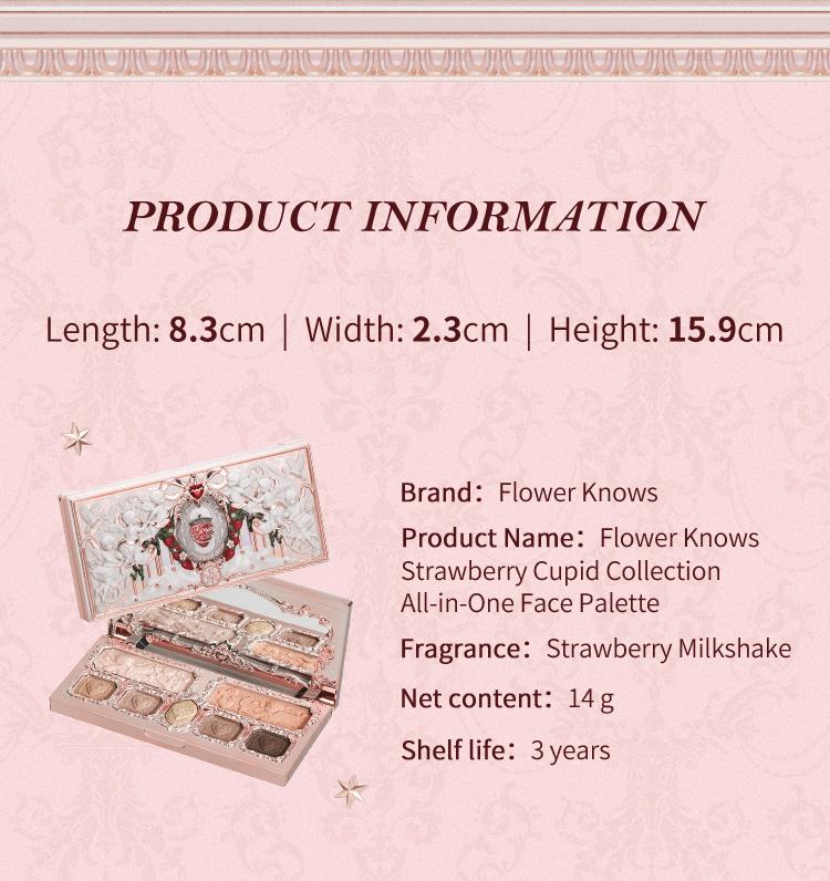 Flower Knows Strawberry Cupid Collection Makeup Palette, Matte, Shimmer, all-in-one Palette, Blush, Longlasting, High Pigment, Ideal For Office, Travel or Date