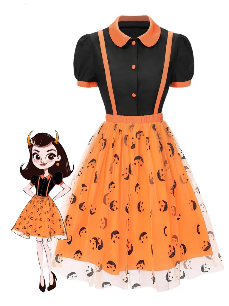 RETRO STAGE Women's 2-Piece Vintage Polyester Clothing Set - 1940s Peter Pan Collared Shirt & Playful Smiley Skirt, Chic, Spooky Chic Look, 1940s Charm, Fun Set, All-Season Halloween Costume
