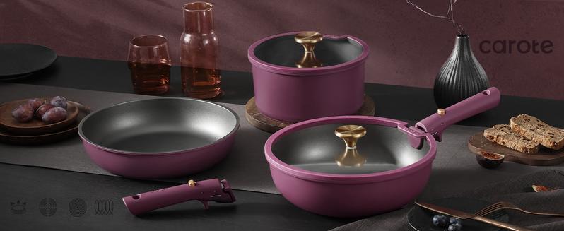 [Official] CAROTE 21pcs Nonstick Cookware Set, Pots and Pans with Removable Handle, Oven/Dishwasher/Fridge safe, Egg Pan, Purple/Burgundy/Gray