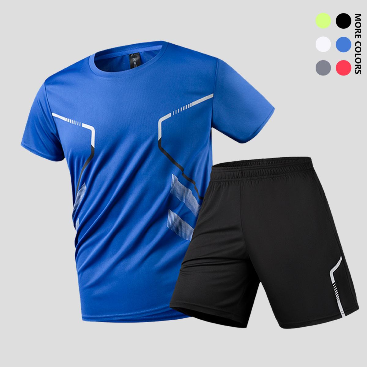 Men's spring/summer two-piece running set made with moisture-wicking, breathable, quick-dry fabric (short-sleeve shirt and shorts).Perfect for gym workouts, outdoor basketball, hiking, and mountain climbing.