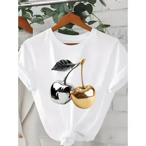 Vintage Women's TShirt Featuring Golden and Silvery Cherry Blossom and Leaf Prints for Casual Wear in Autumn Summer and Spring