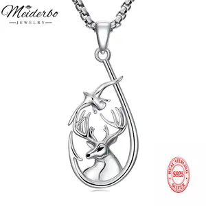 MEIDERBO Jewelry Hunting Fishing Necklace 925 Sterling Silver Fish Hook Pendant Deer Bass Fish Wild Duck Hunting Jewelry Gifts for Men Father Husband Son 22+2 inch adjustable chain