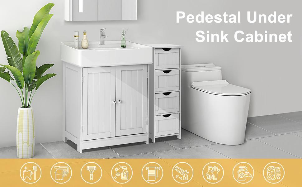 VINGLI Pedestal Under Sink Cabinet Free Standing Bathroom Storage Cabinet Organizer with with 2 Doors Adjustable Shelf Modern White Small Bath Sink Cabinet Space Saver 23.6" x 11.8"x 23.6"
