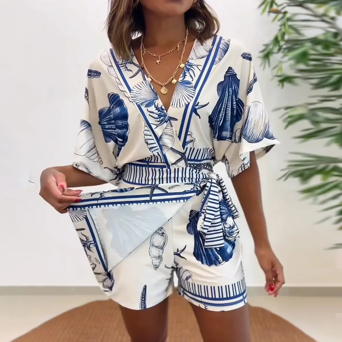 CHICME Women's Starfish & Seashell Print Overlap V Neck Half Sleeve Wrap Knot Side Romper Mermaidcore Stretchy Back Waist Vacation Romper